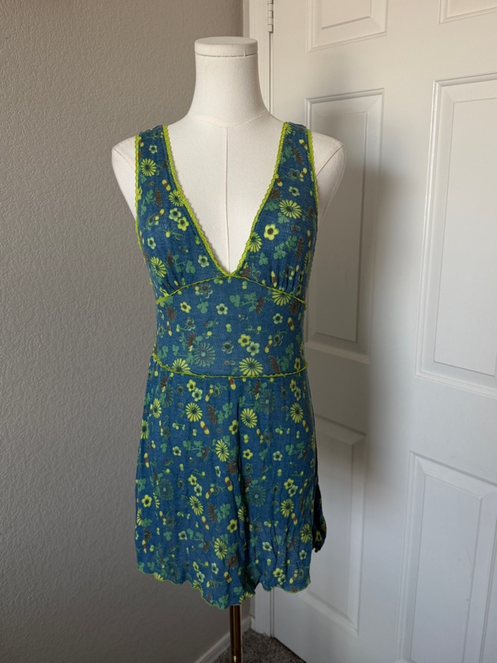 Free People Blue and Lime Floral V-Neck Tank Romper